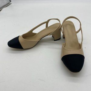 A Nude black round toe chunky low heels slippers slingback pumps shoes